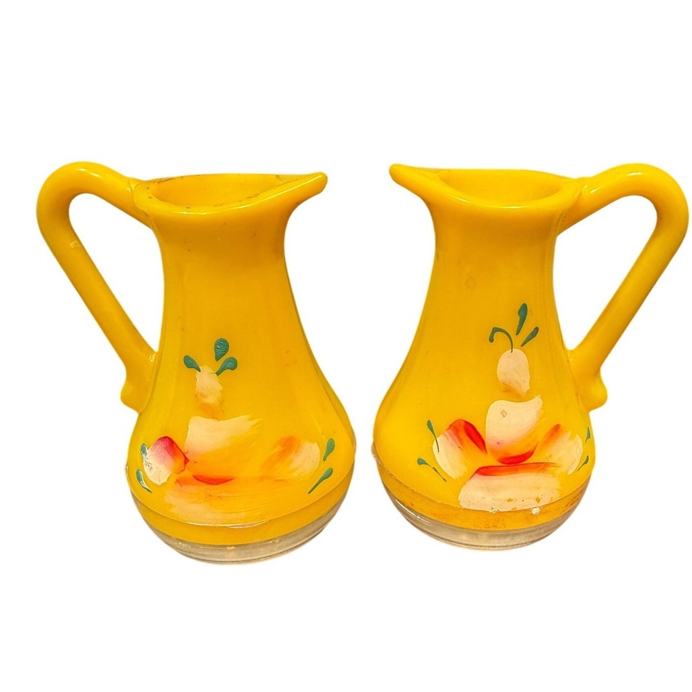 VTG Yellow Plastic Salt and‎ Pepper Shakers Hand Painted Floral Pitcher Set MCM